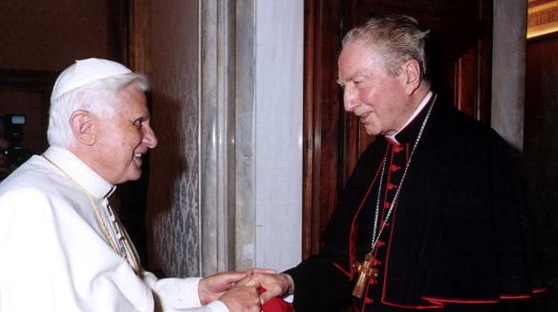VATICAN CITY - MAY 27:  (L-R) Pope Benedict XVI meets with Cardinal Carlo Maria Martini at his private studio May 27, 2005 in Vatican City.  (Photo by L'Osservatore Romano-Pool/Getty Images)